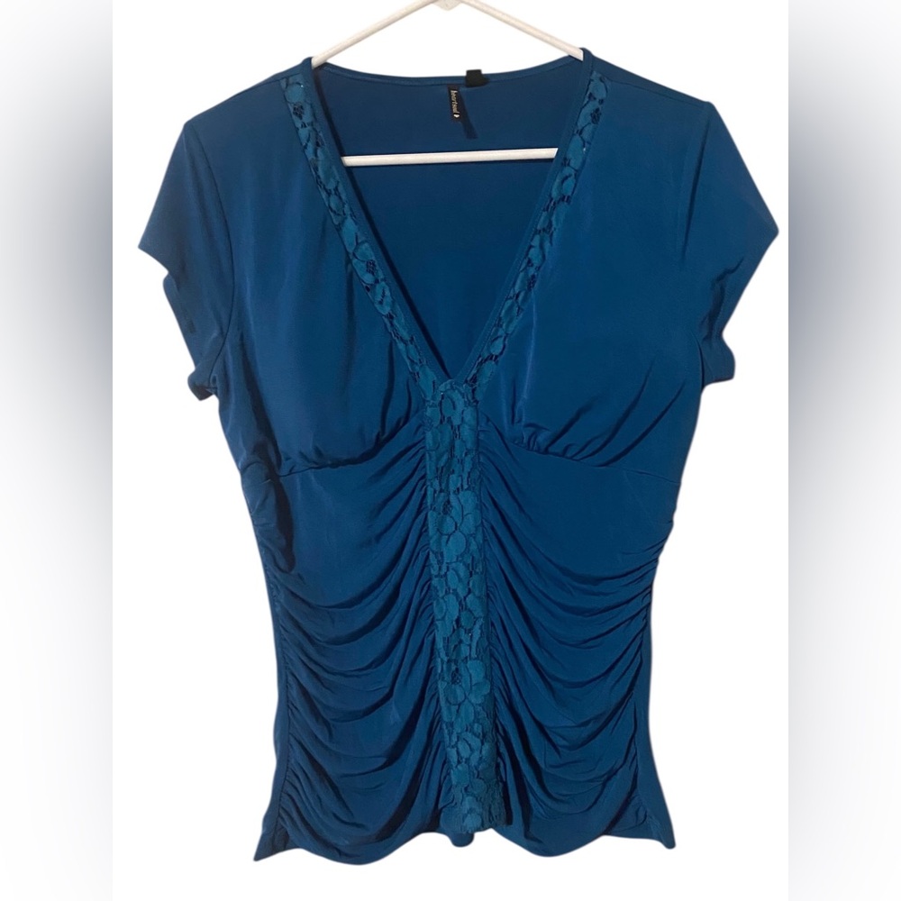 HeartSoul Teal Ruched Blouse with Lace Detail